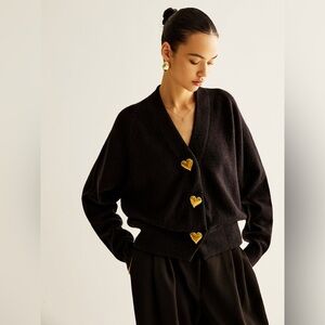 Commense Wool-Blend Heart Button Cardigan Brass Retro Valentines Romantic Love